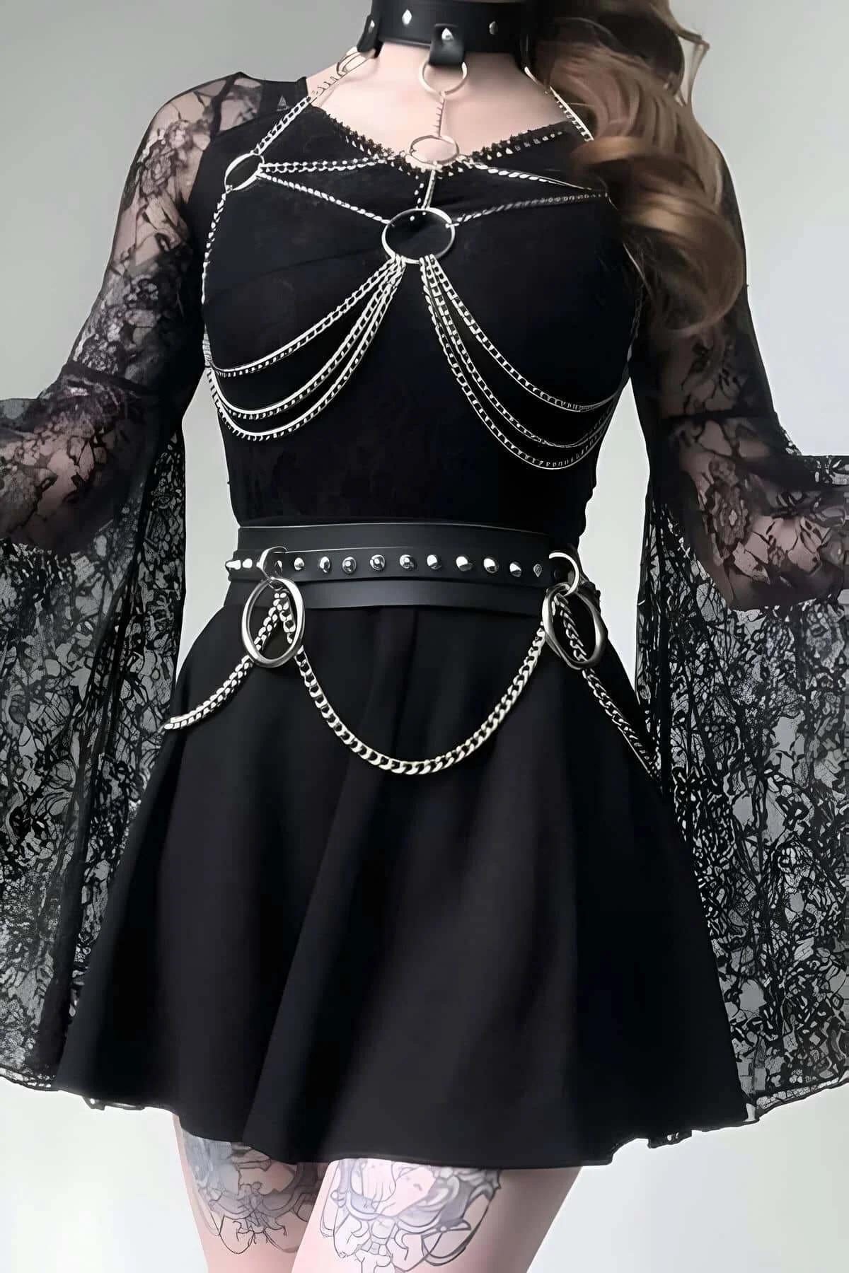 black faux leather chain body harness set with silver multi-strand chest chains and studded waist belt O-ring