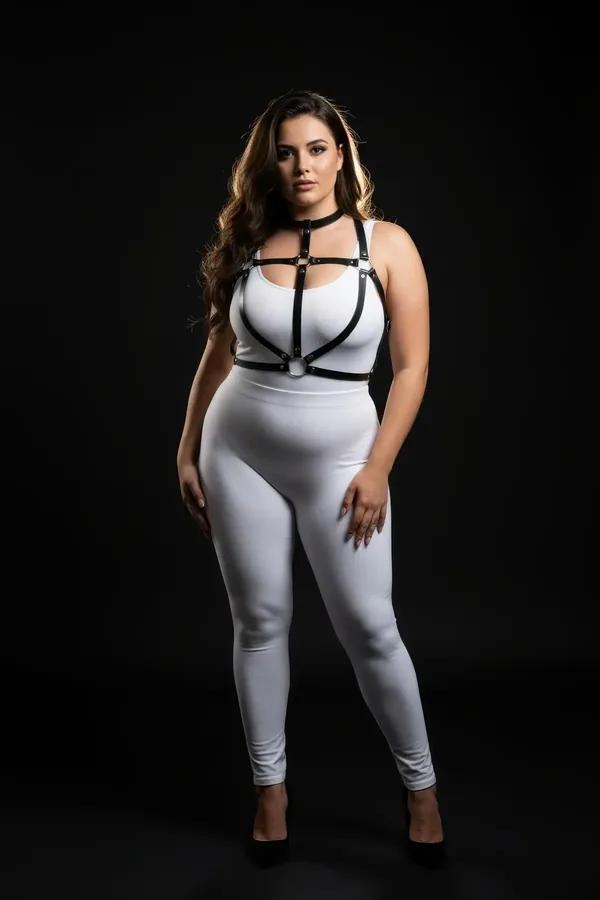 büyük beden siyah suni deri harness takım gümüş O-halka ve choker detay, beyaz kombinle