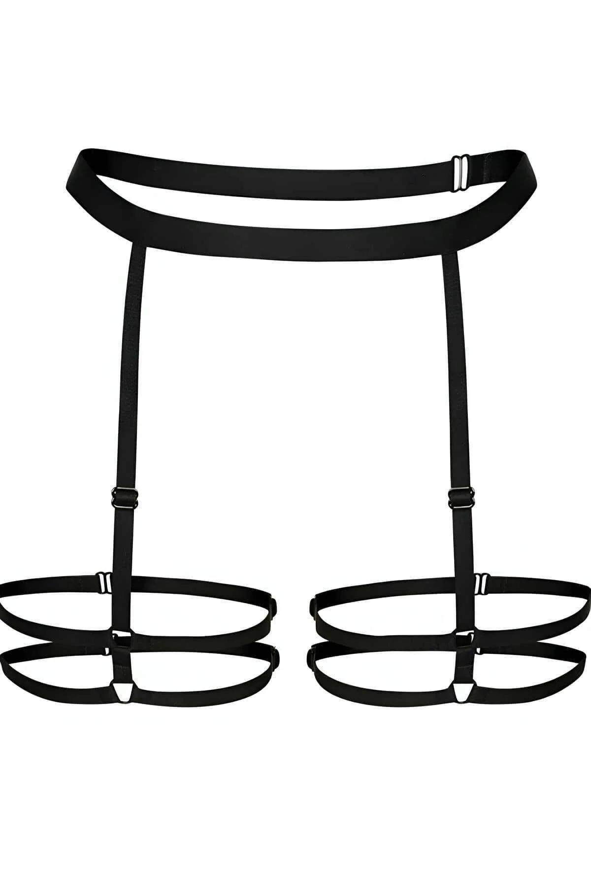 Black adjustable strappy leg harness with two stacked elastic rings per thigh and gunmetal slider buckles