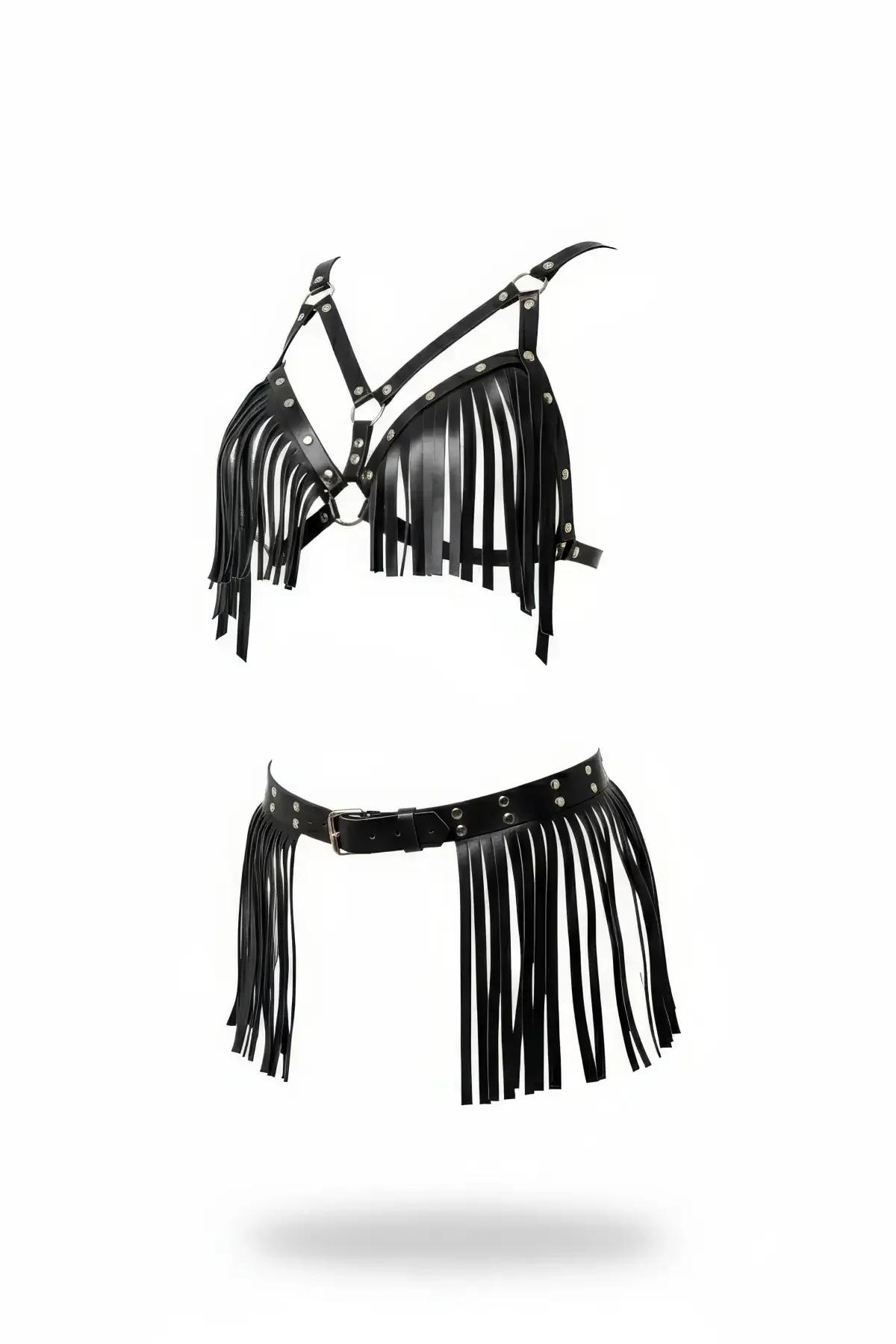 black faux leather fringe harness bra top with silver O-ring studs and matching fringe belt skirt set