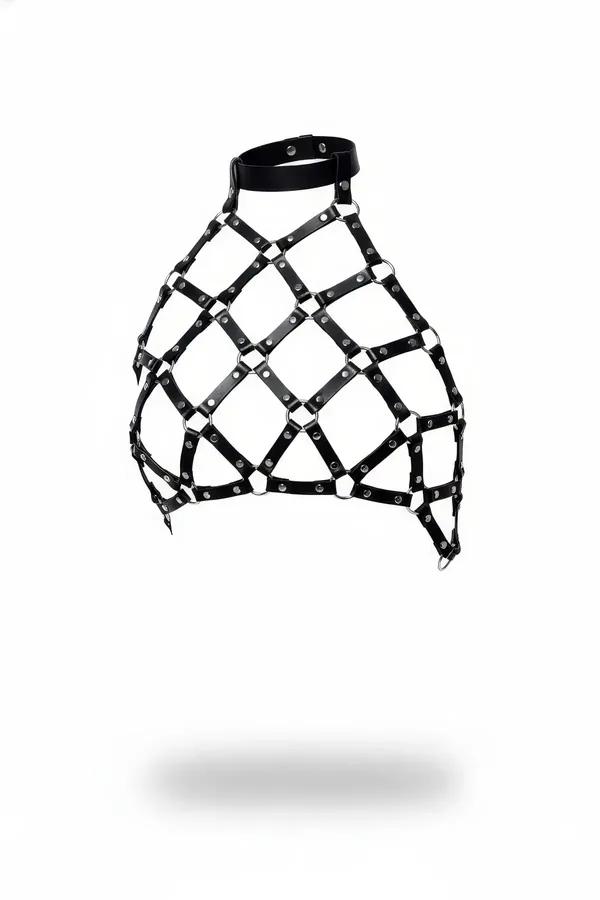 siyah vegan deri kafes göğüs harness boyunluklu gümüş metal halka detaylı