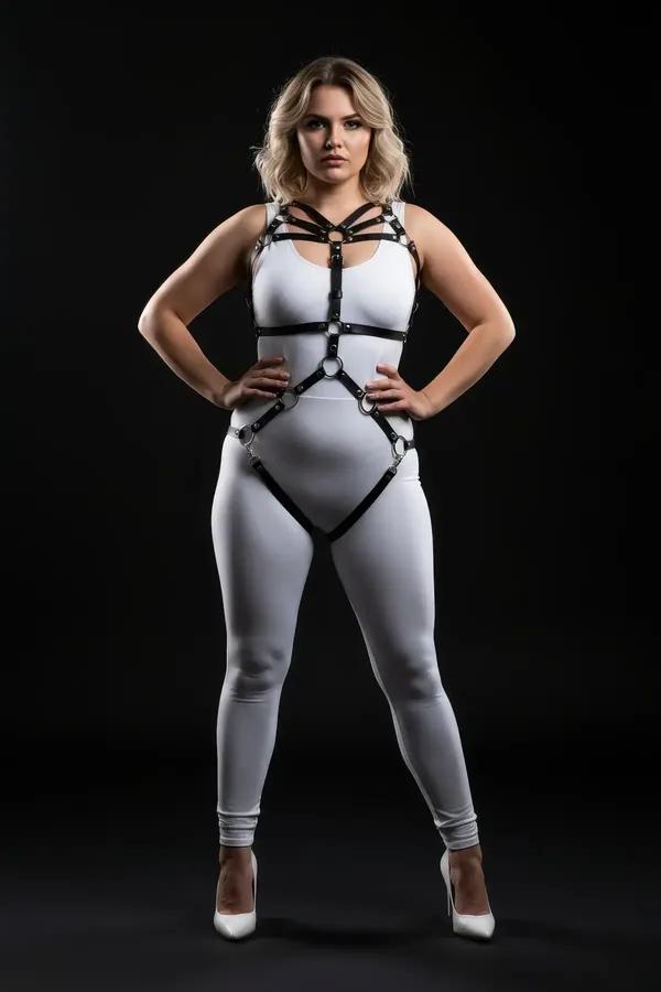 black faux leather full body harness with five silver O-rings worn over white bodysuit plus size model