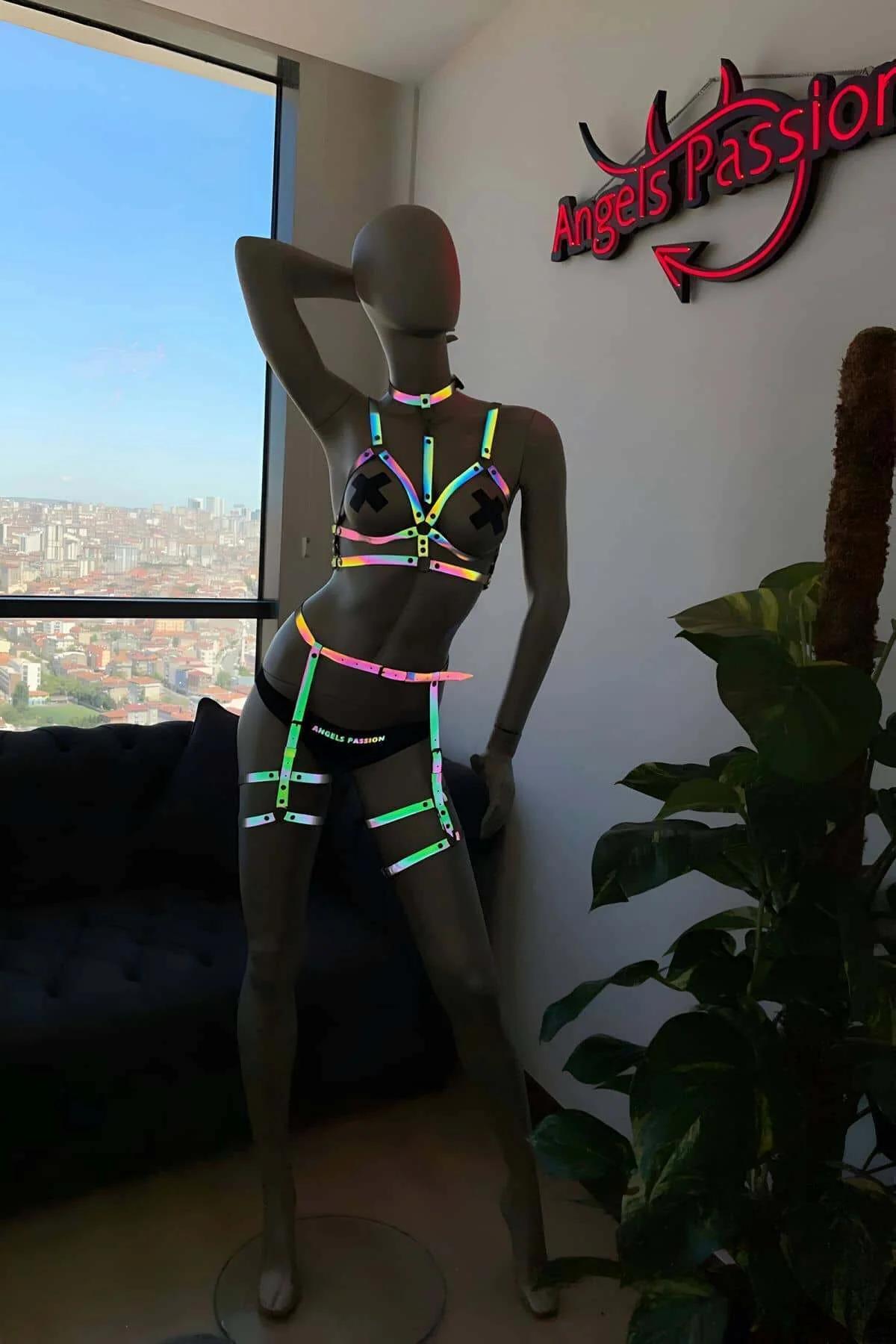 Three-piece rainbow harness set laid flat showing chest harness waist band and garter straps