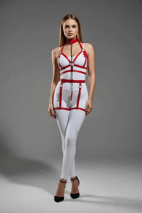 red faux leather full body harness with wide choker collar, chest cage straps, waist belt, and adjustable thigh garter straps