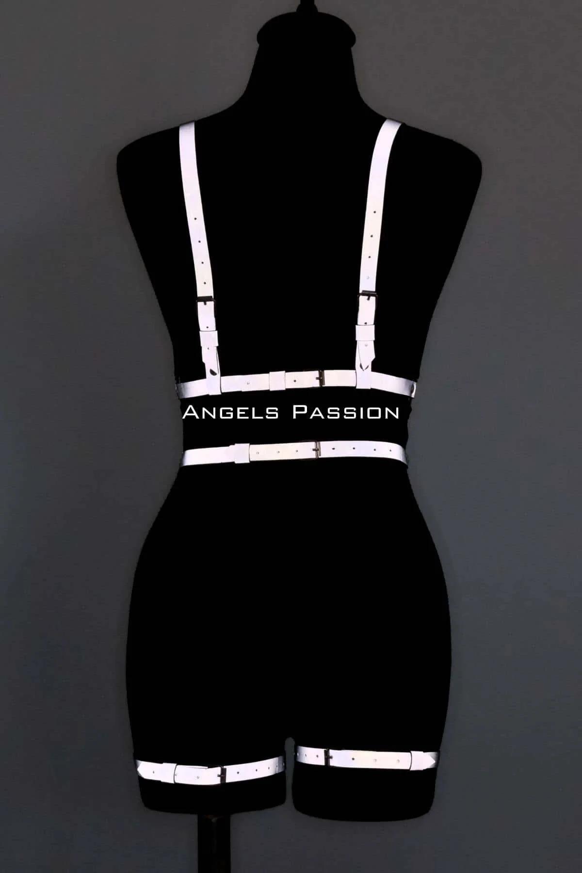 White Reflective Full Body Harness with Geometric Cage Straps