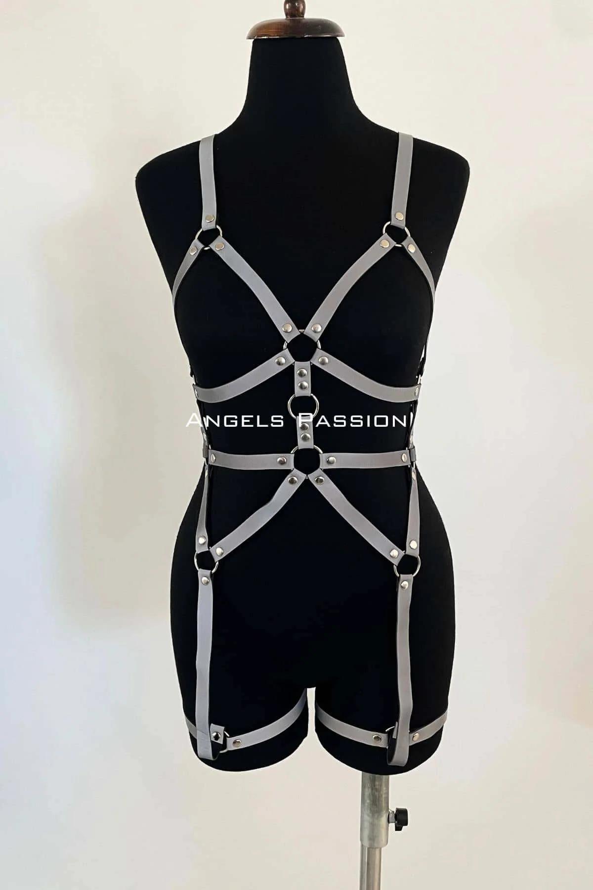 White Reflective Full Body Harness with Geometric Cage Straps