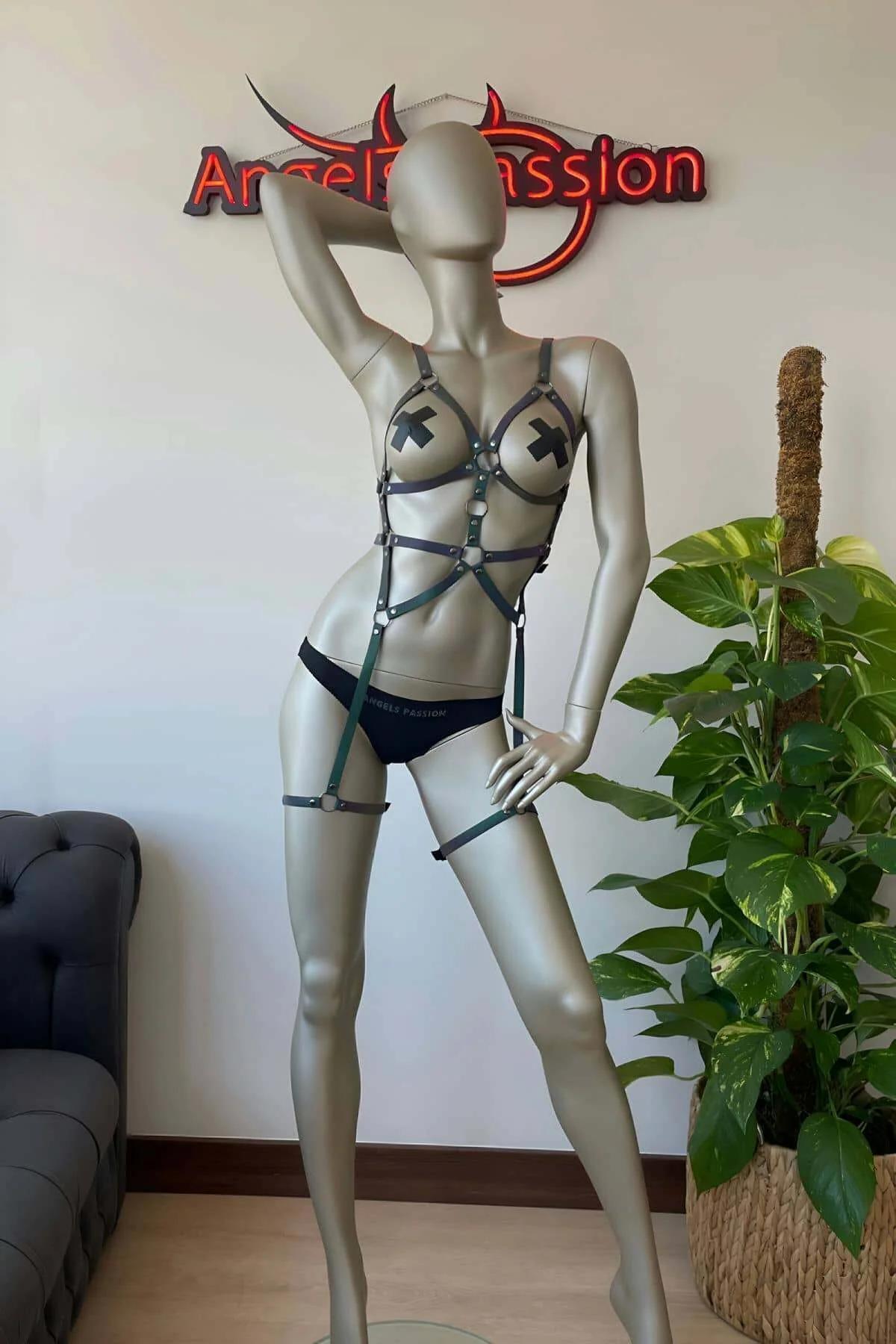 Iridescent Rainbow Reflective Full Body Harness with Thigh Bands