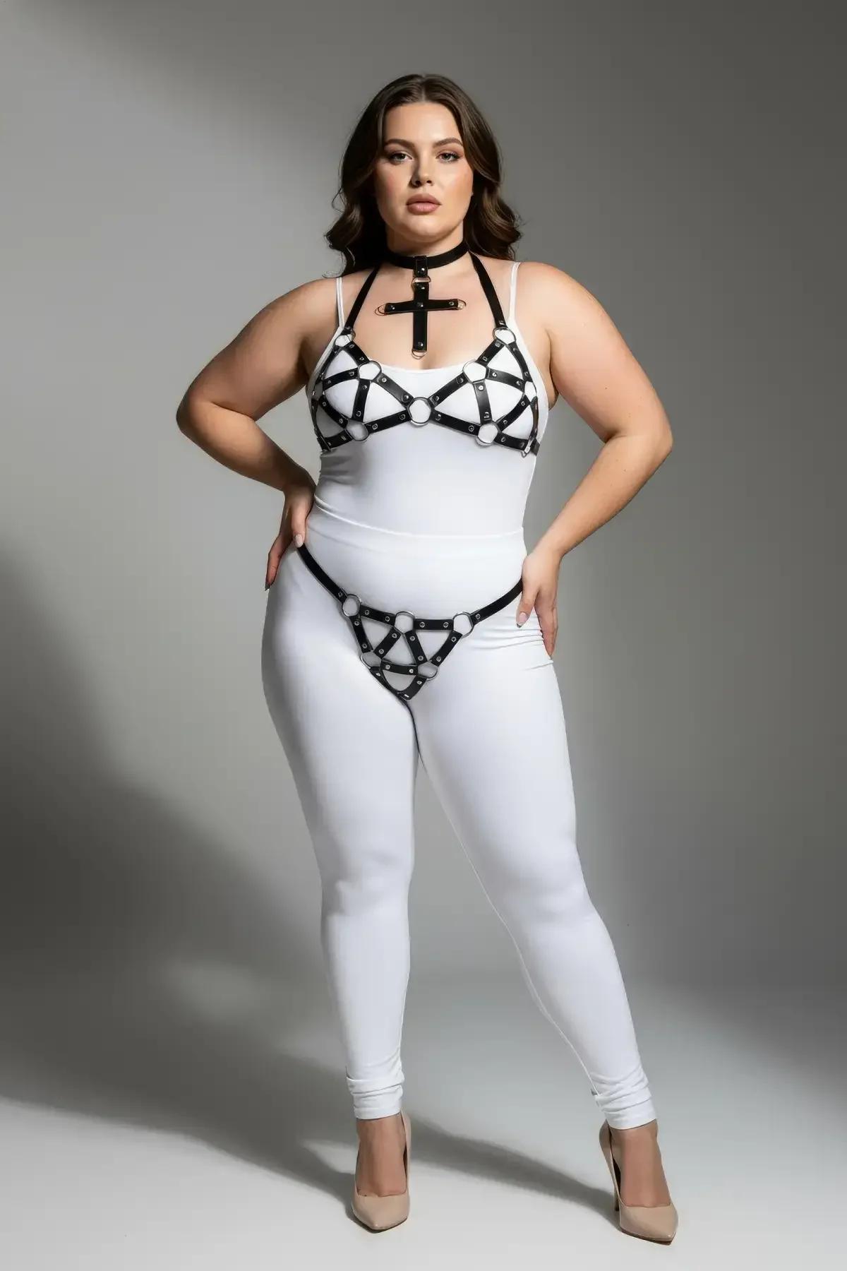 front view black faux leather bustier harness with criss-cross straps and silver O-rings on chest