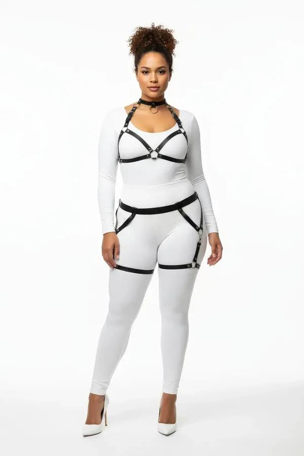 black faux leather caged body harness set with choker O-ring and garter thigh straps silver hardware
