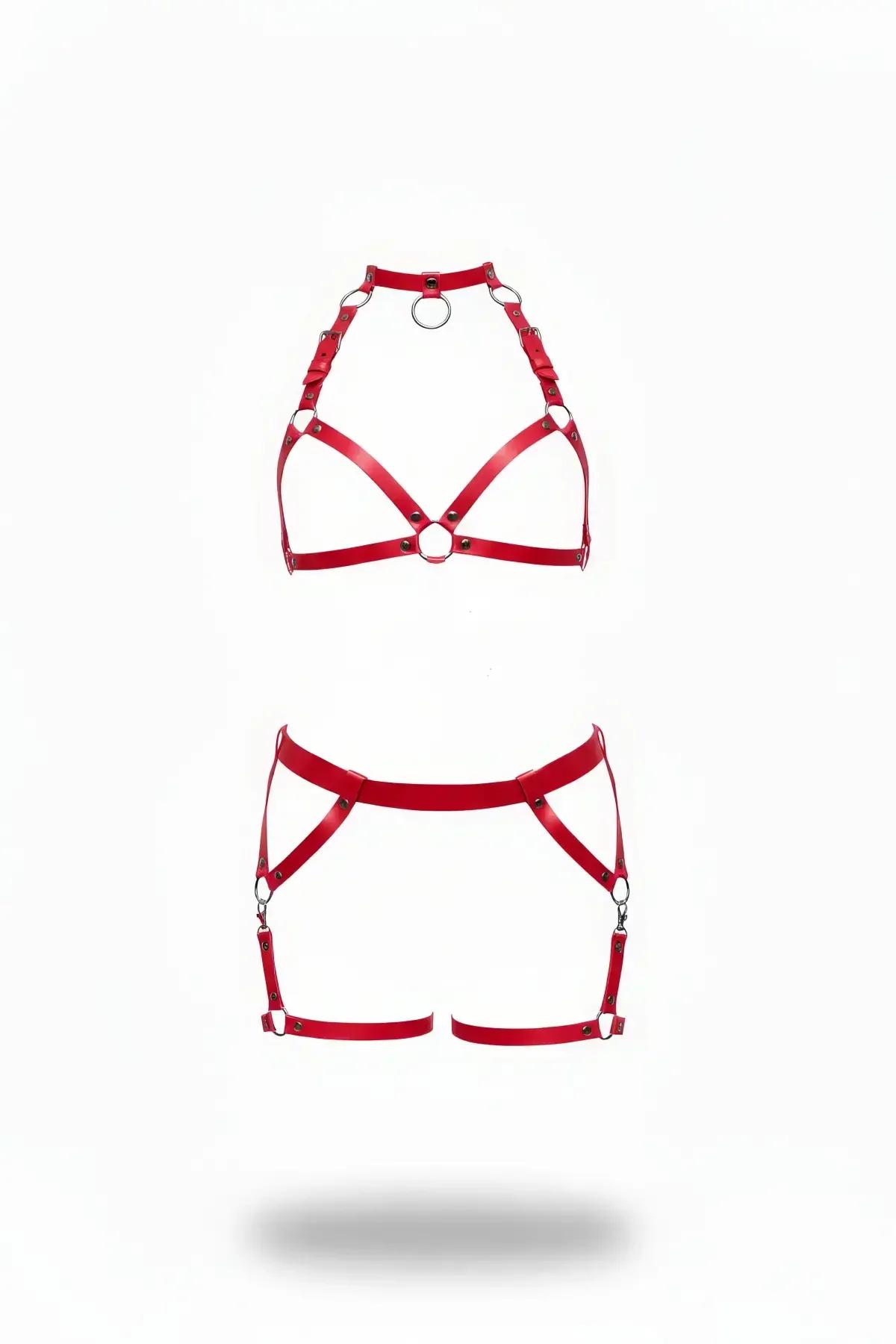 red faux leather halter harness bra and garter shorts set with silver o-ring hardware flat lay
