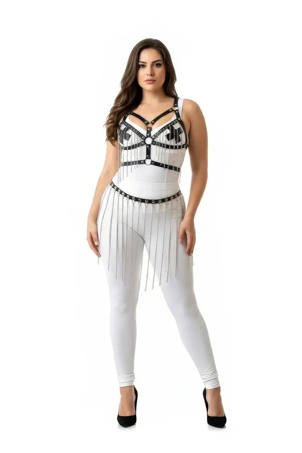 black faux leather body harness with silver O-rings and white waistband silver chain fringe skirt set front view plus size mo