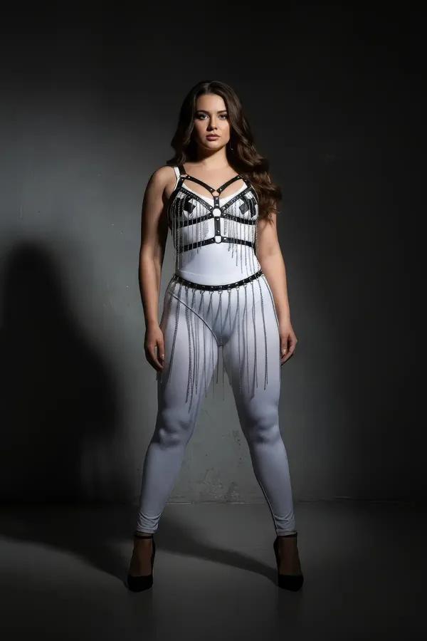 black faux leather body harness with silver O-rings and white waistband silver chain fringe skirt set front view plus size mo