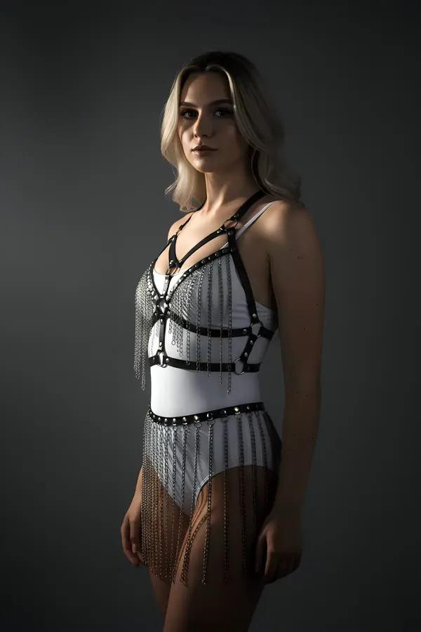 black faux leather body harness with silver chain fringe skirt set O-ring stud hardware front view