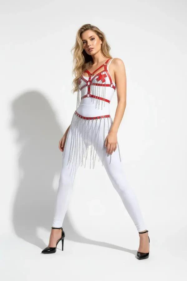 red faux leather chest harness with silver chain fringe skirt belt set, O-ring hardware, full-length view