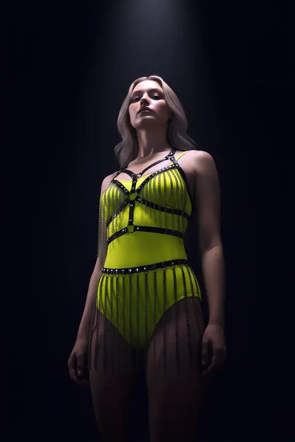 neon yellow body harness with black faux leather straps tiered silver-tone chain fringe and O-ring bust detail front view