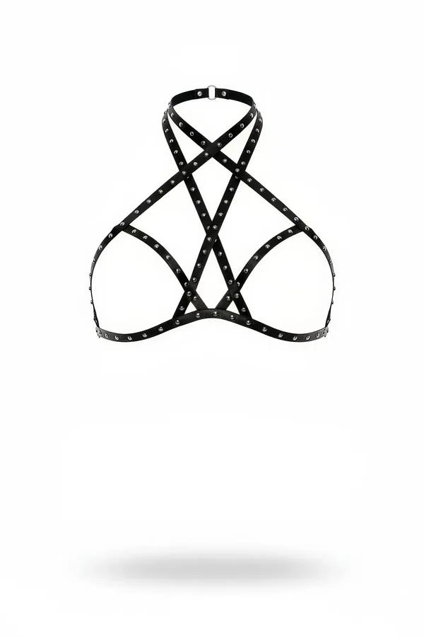 black faux leather studded halter neck chest harness bra top with silver dome studs and double X cross-strap pattern