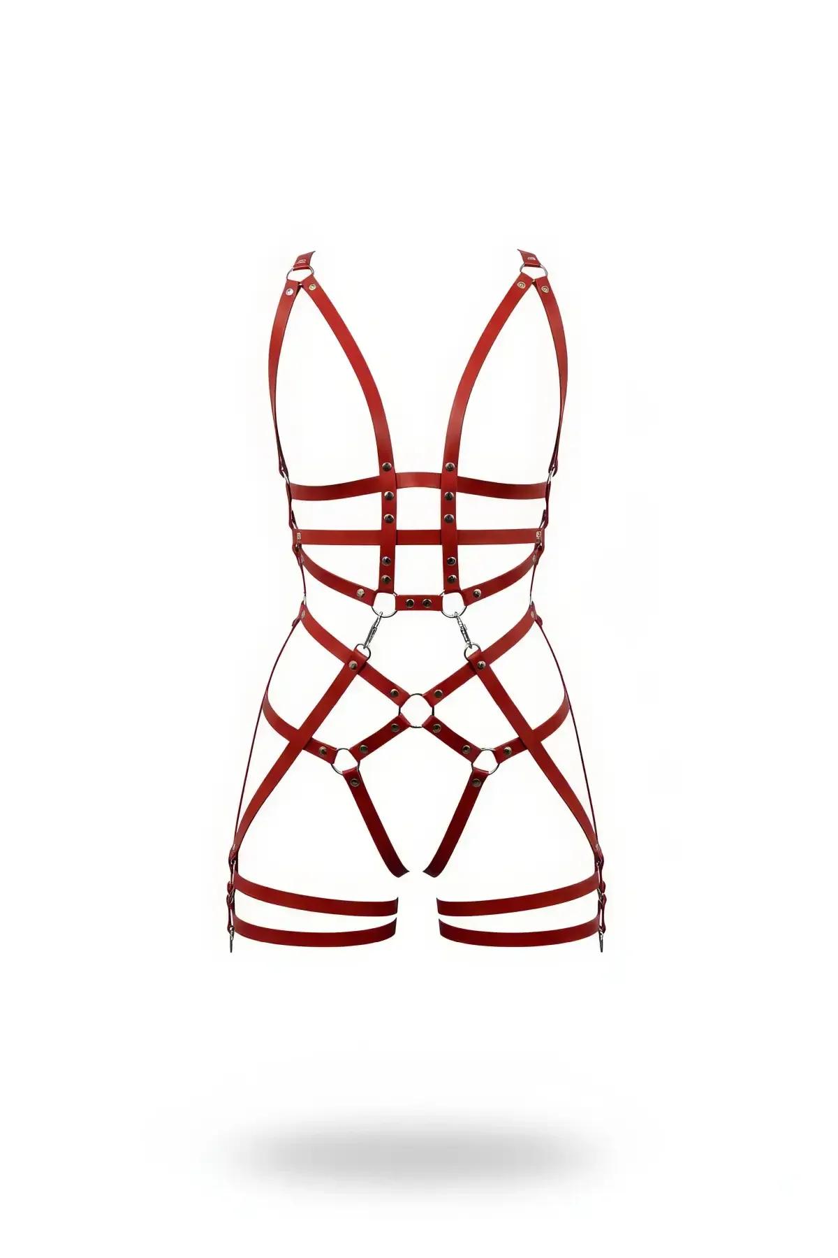 Red faux leather full body cage harness with silver O-rings and rivet studs covering torso to upper thigh