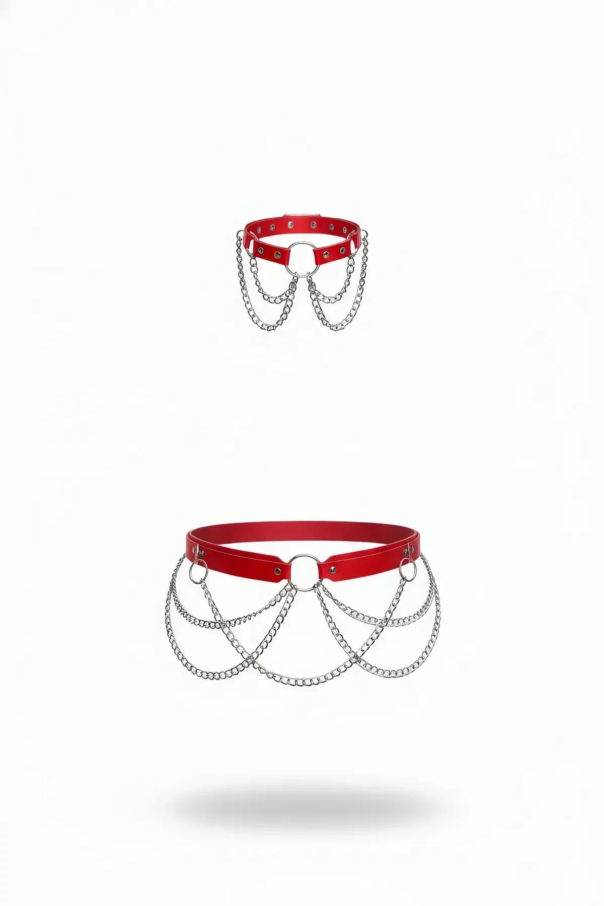 Red vegan leather waist belt with multi-row silver chain and O-ring detail, 2-piece accessory set