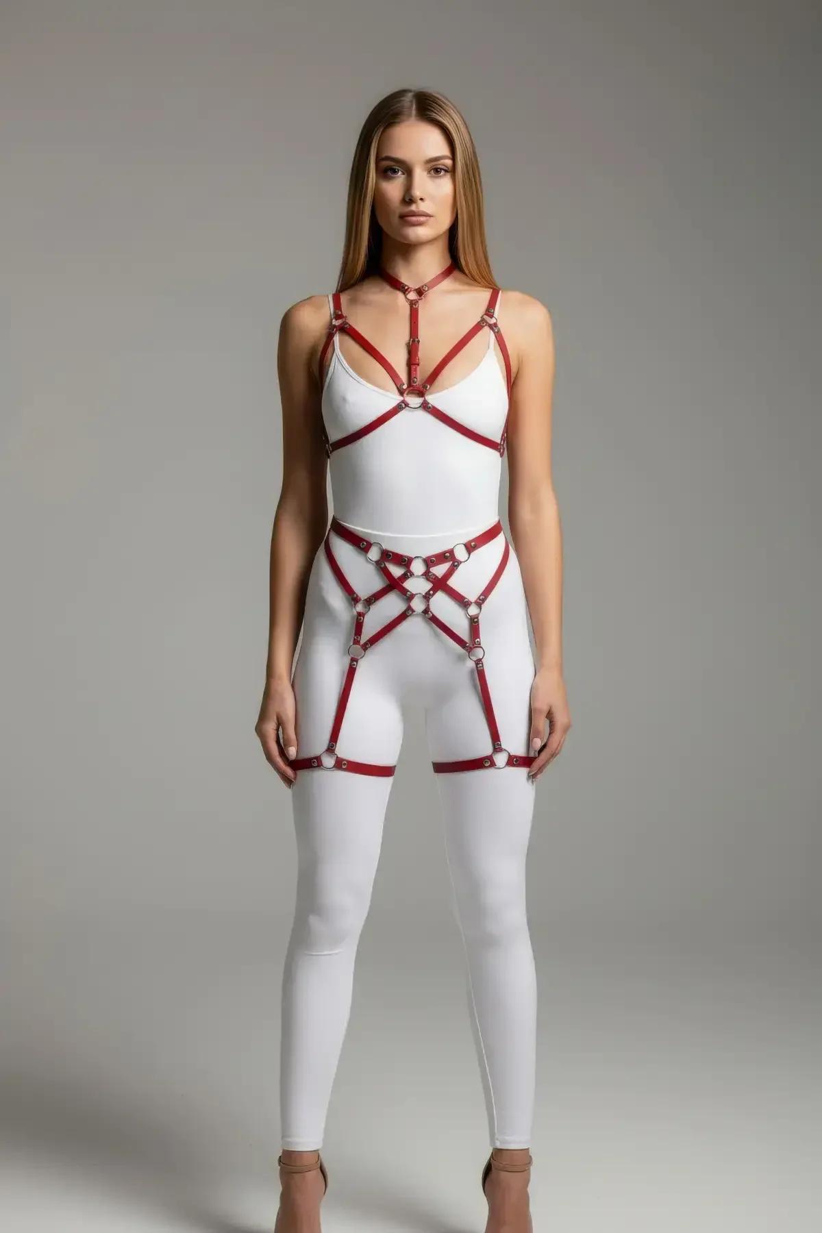 Red thigh garter section with bar-slide buckles and silver O-rings detail view