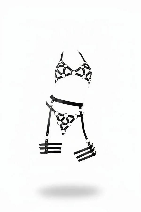 black vegan leather caged body harness set with silver O-rings, cage bra top, hip triangle panel, and triple thigh garter ban
