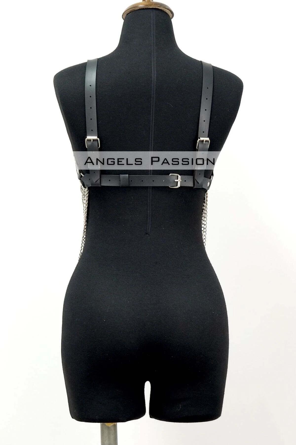 Layered Silver Chain Chest Harness in Black Faux Leather