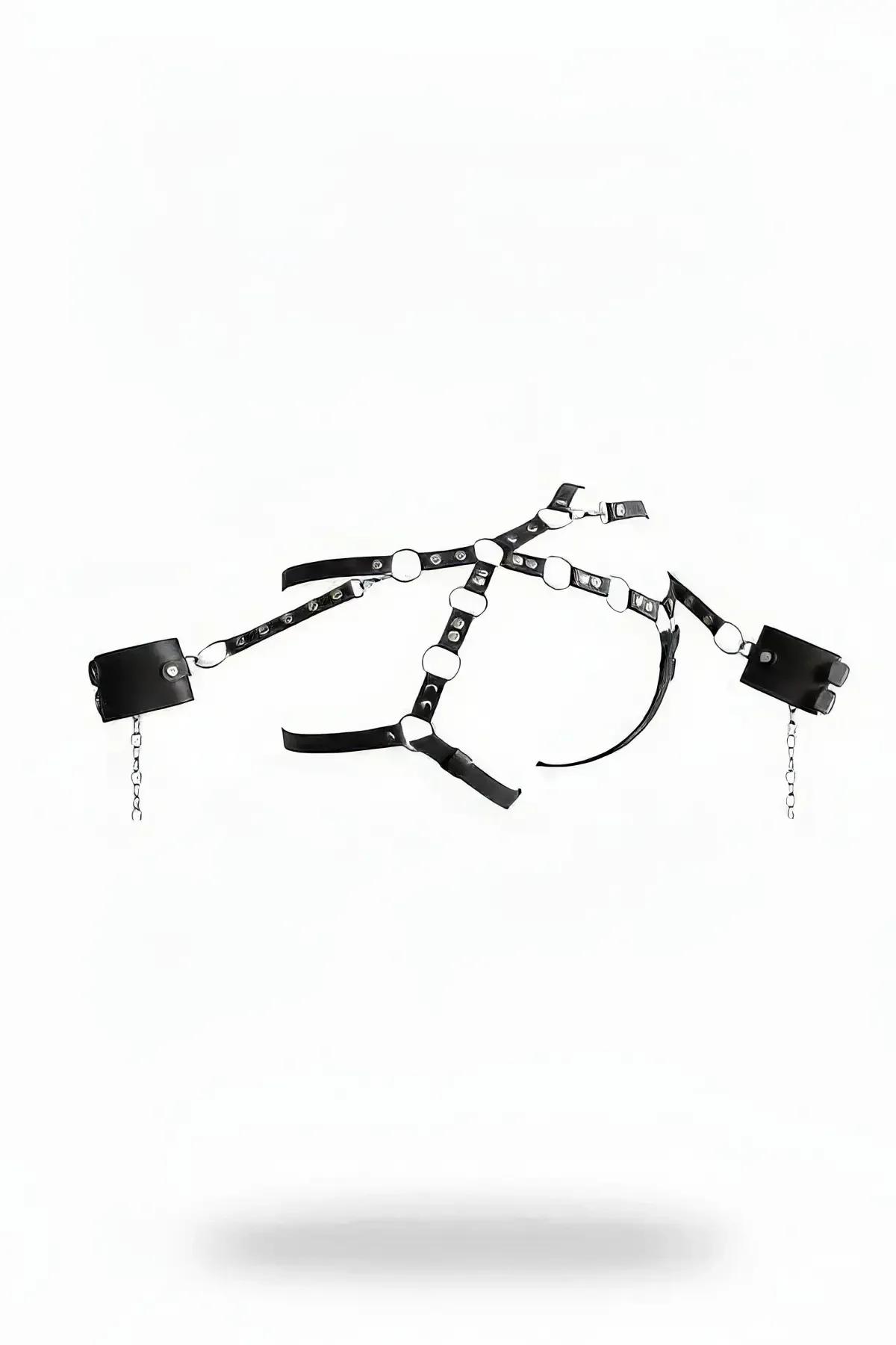 siyah suni deri harness takım gümüş metal O-halkalı zincirli bilek kelepçeli set