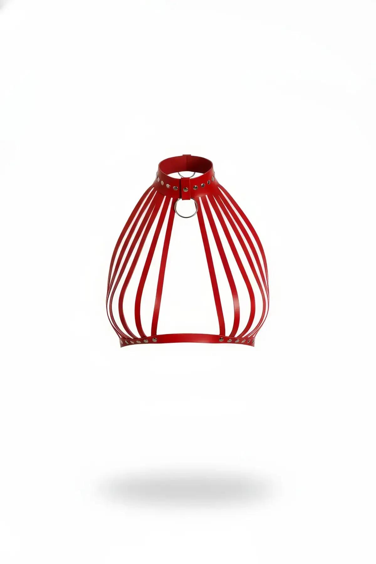 Red faux leather high neck cage chest harness with 10 vertical straps and silver O-ring on white background