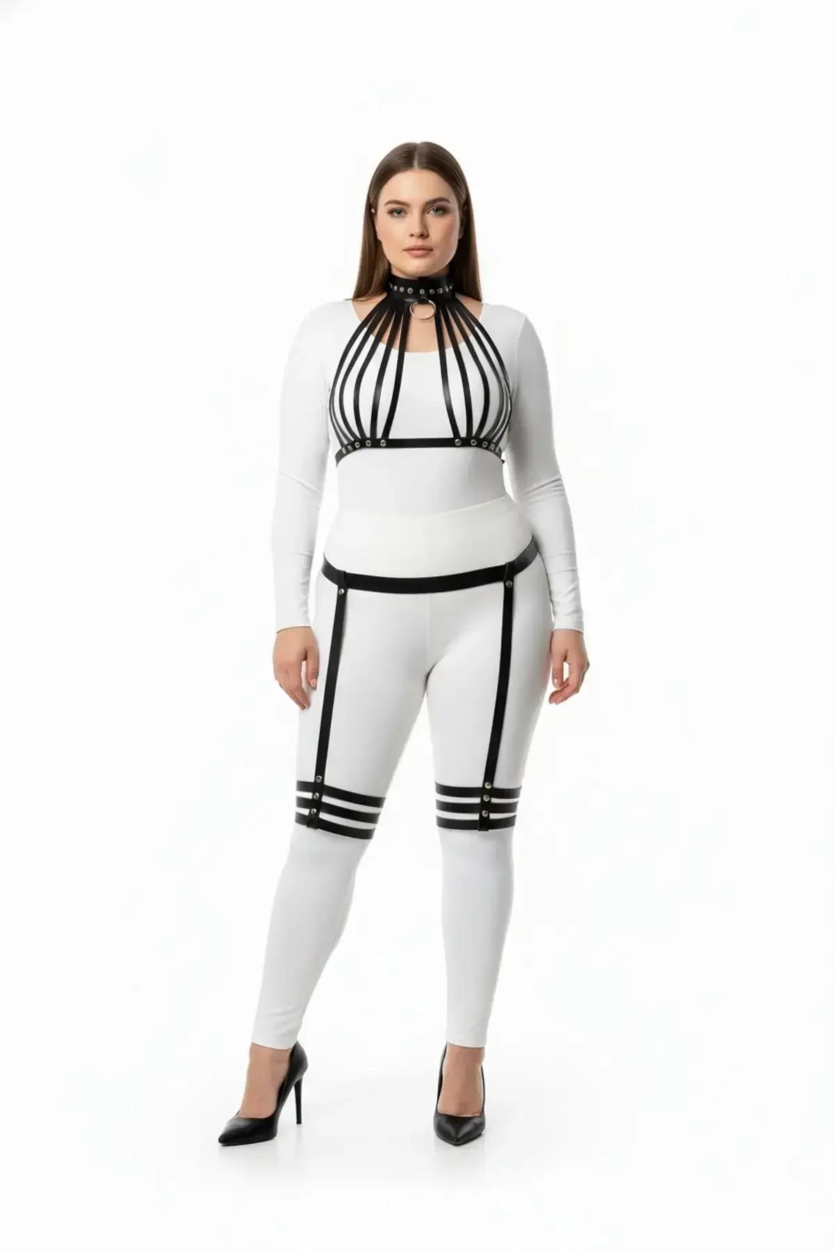 büyük beden siyah vegan deri kafes harness takım gümüş metal halkalı jartiyerli uyluk bantlı