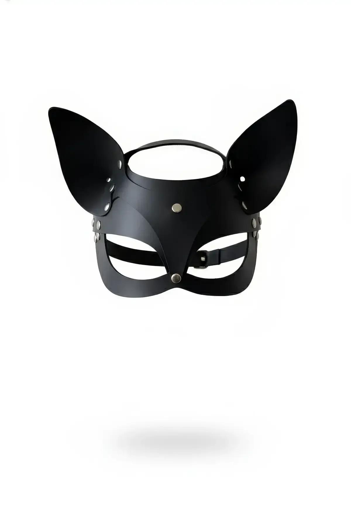 Black faux leather cat ear face mask with open oval eye cutouts and silver snap studs, front view