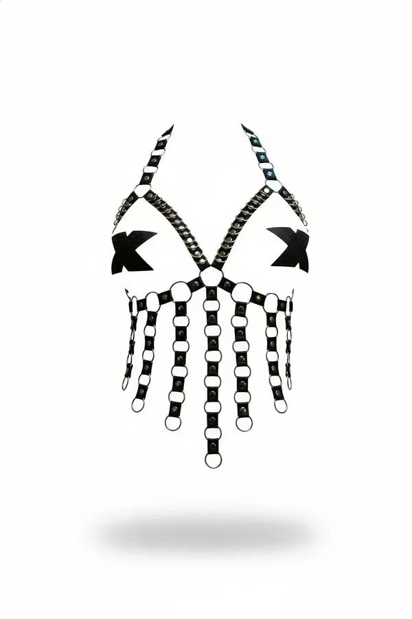 black faux leather halter chest harness with silver stud detail and cascading O-ring fringe strands