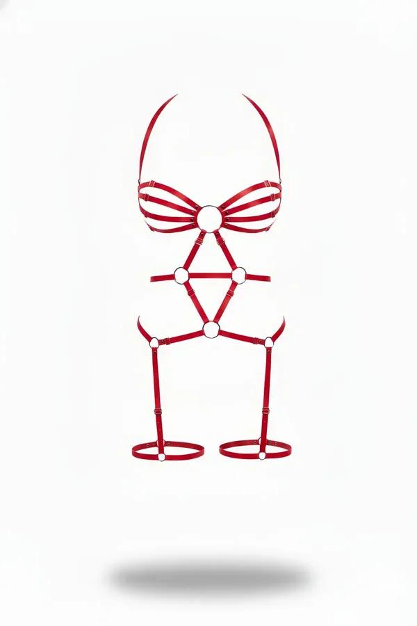 red geometric body harness full set with caged bra O-ring accents and double thigh garters in vegan faux leather