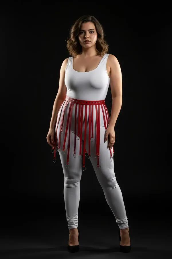 Red faux leather fringe skirt harness with silver O-ring tipped vertical straps worn over white jeans