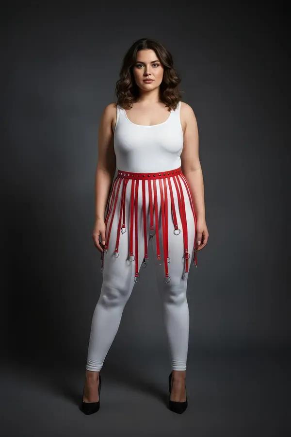 Red faux leather fringe skirt harness with silver O-ring tipped vertical straps worn over white jeans