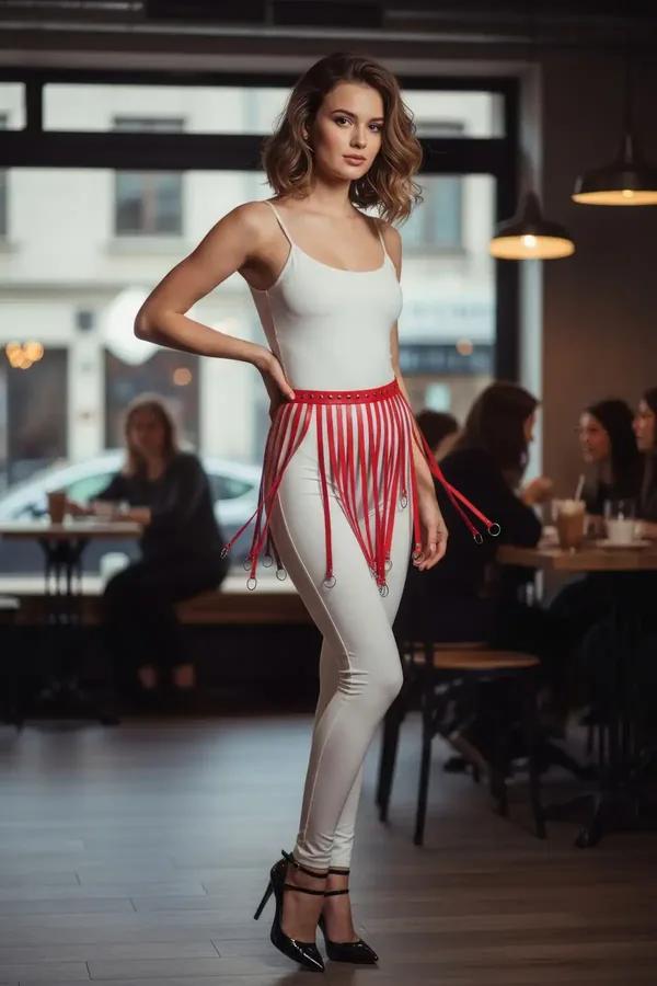 red faux leather waist harness with silver O-ring fringe straps worn over white leggings and bodysuit