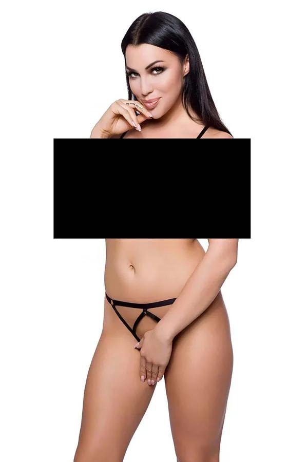 Siyah elastik bantlı ön kısmı açık lastik tanga O-ring detay harness tasarım