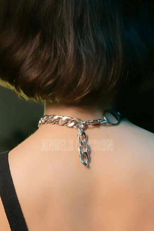 siyah vegan deri zincirli choker gümüş O-halka ve küba zinciri detaylı boyunluk