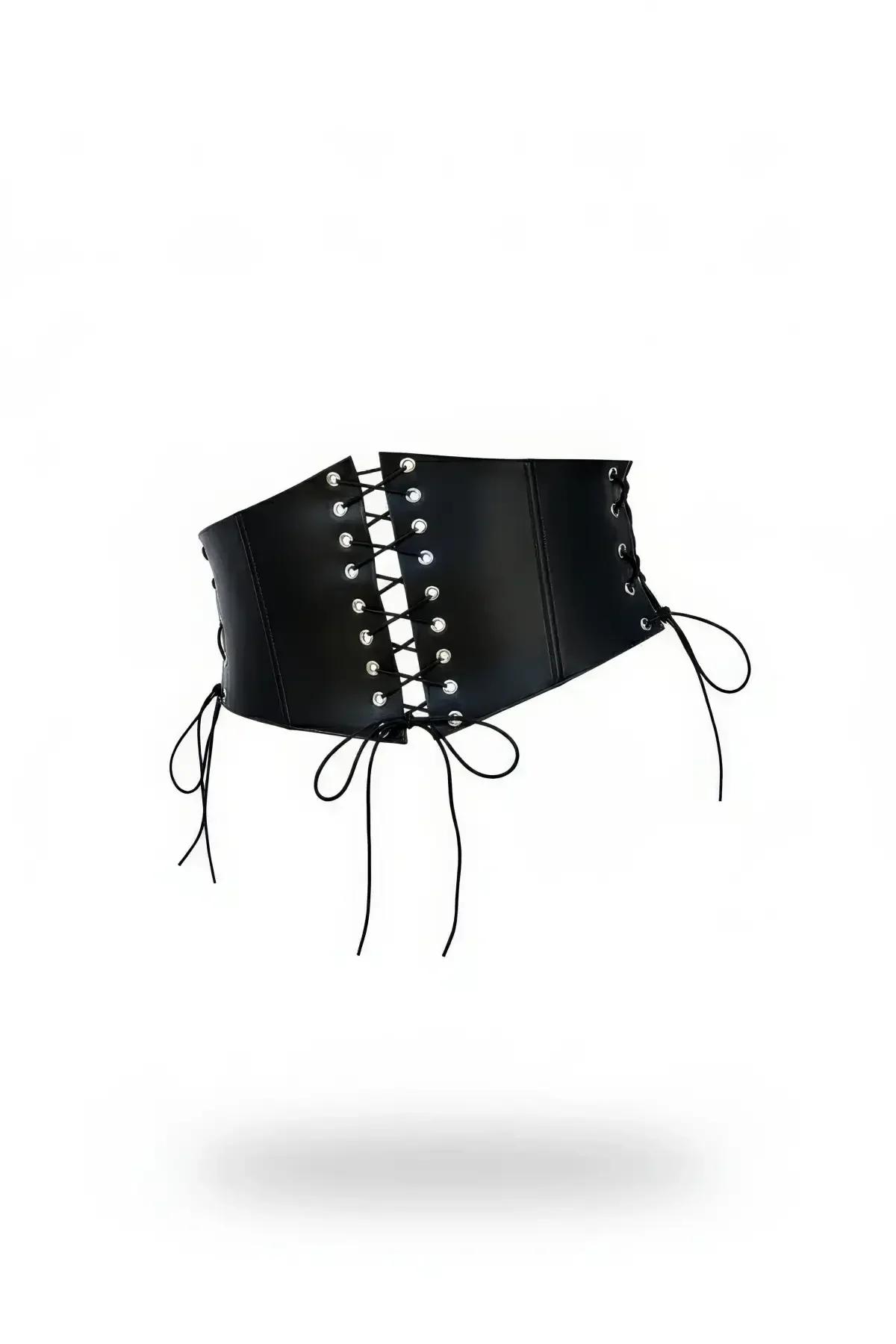 Black faux leather lace-up waspie corset belt with silver grommet rows and black cord ties, front view