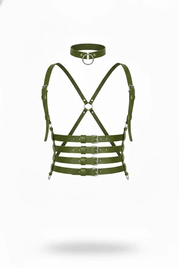 olive green vegan leather chest body harness with four silver buckle bands and X-cross straps, matching O-ring choker include