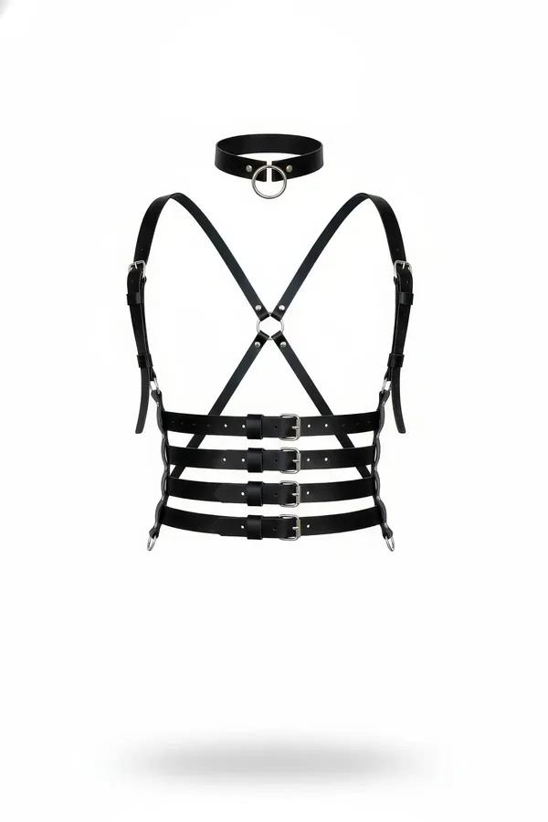 black faux leather multi-strap chest harness with three buckled waist bands and silver O-ring, matching choker included
