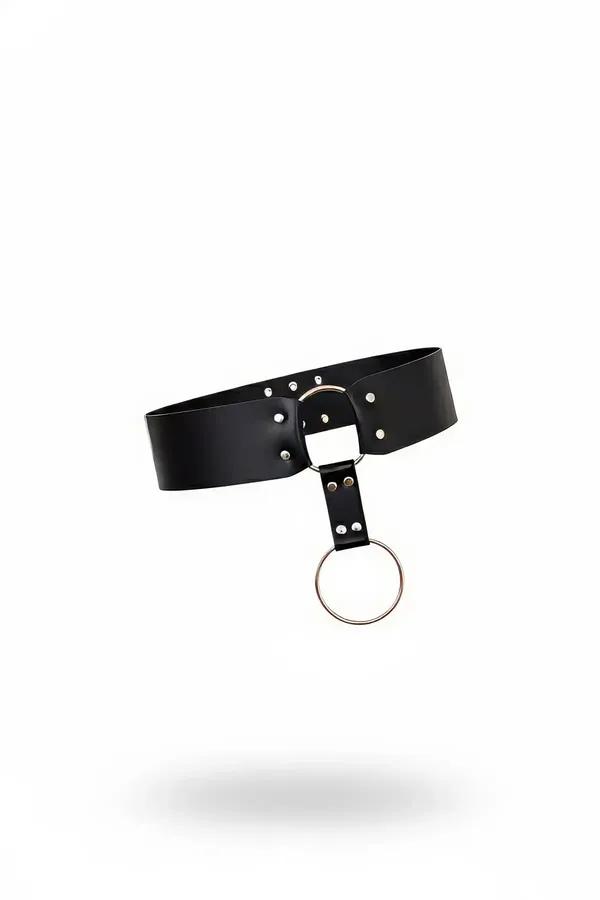 black faux leather wide waist belt with front silver O-ring tab and rivet detail, smooth matte finish