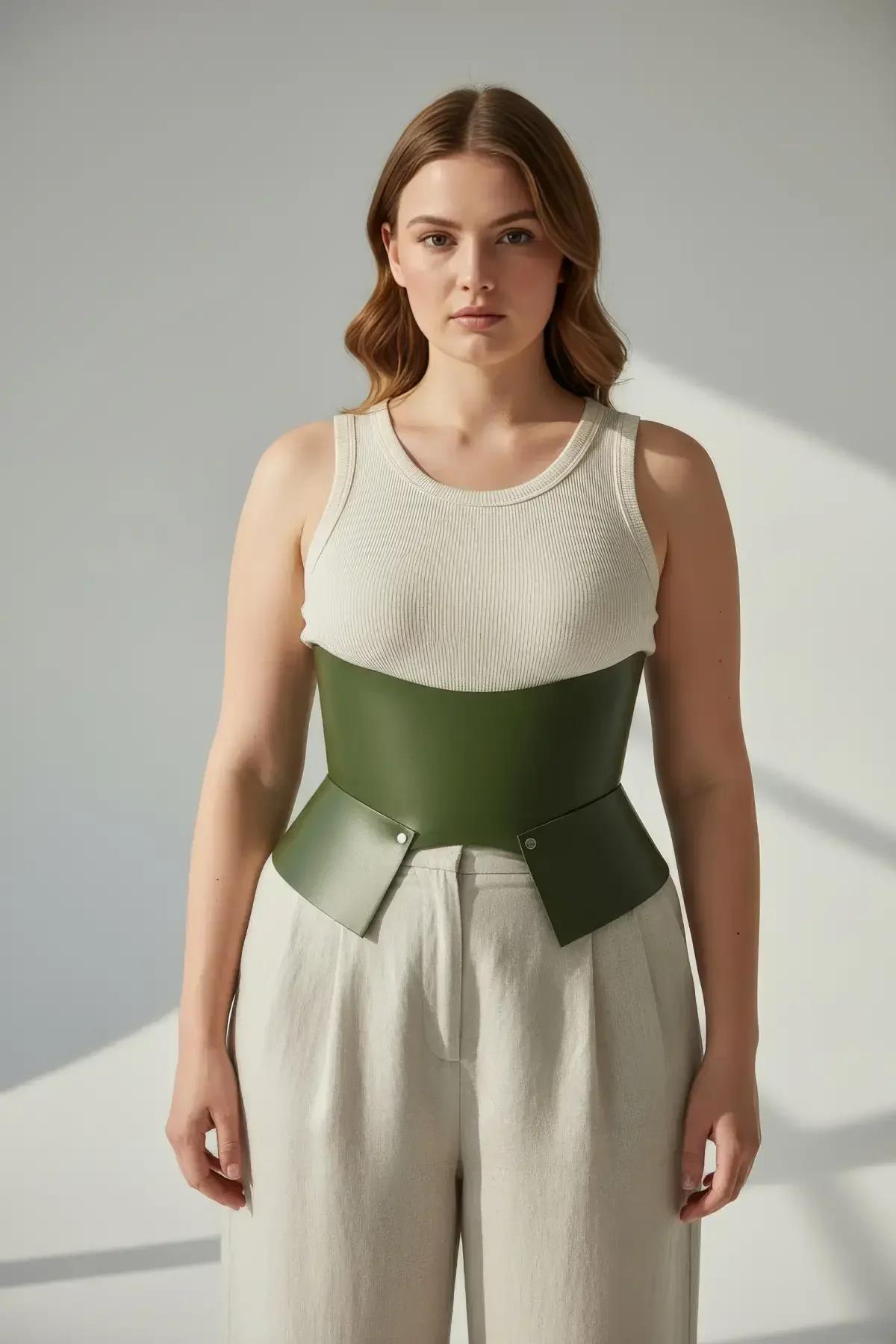 structured peplum hem detail olive green vegan leather wide belt silver stud hardware