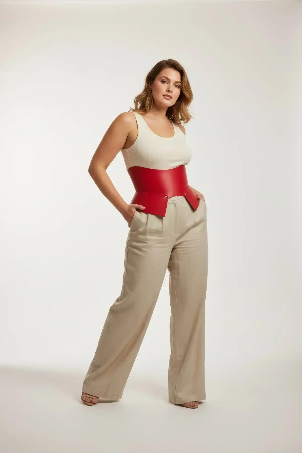 wide claret red PU leather corset belt with stud closures front view detail