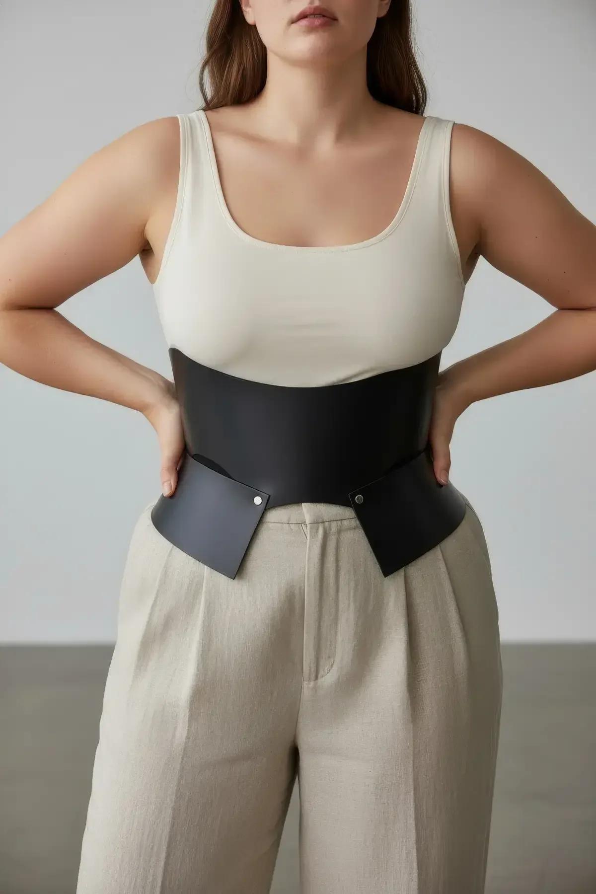 wide structured black faux leather waist cincher belt side profile tapered strap detail