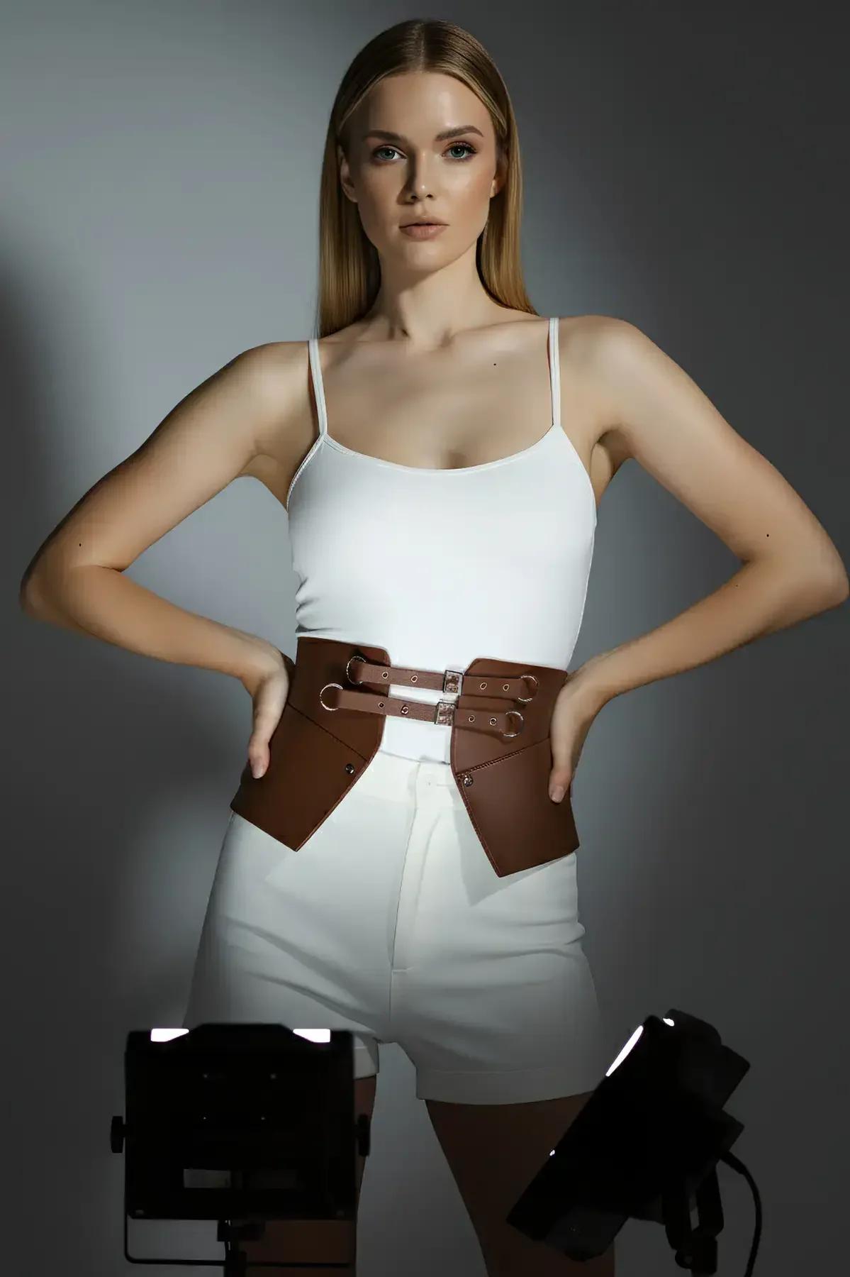 smooth matte tan PU leather wide waist harness back view adjustable fit