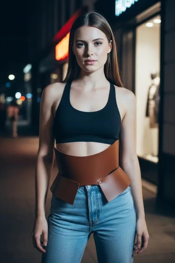 tan faux leather wide waist belt corset worn over black bralette and high-rise jeans street style