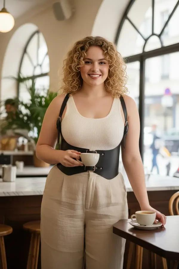 black faux leather underbust harness waist cincher with silver buckle and shoulder straps worn over white tank top