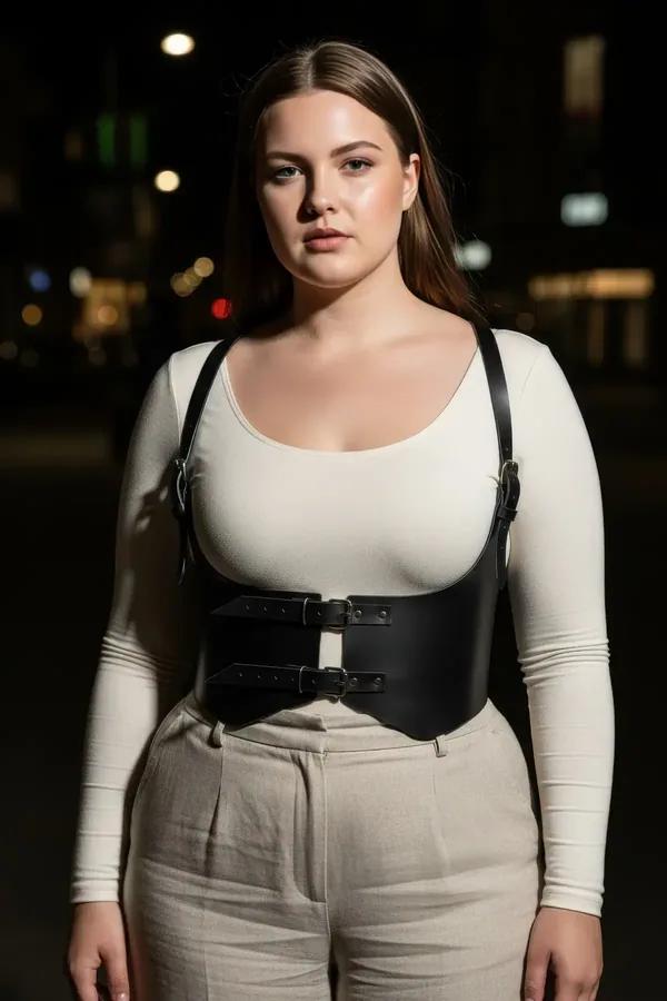 black faux leather underbust harness waist cincher with silver buckle and shoulder straps worn over white tank top