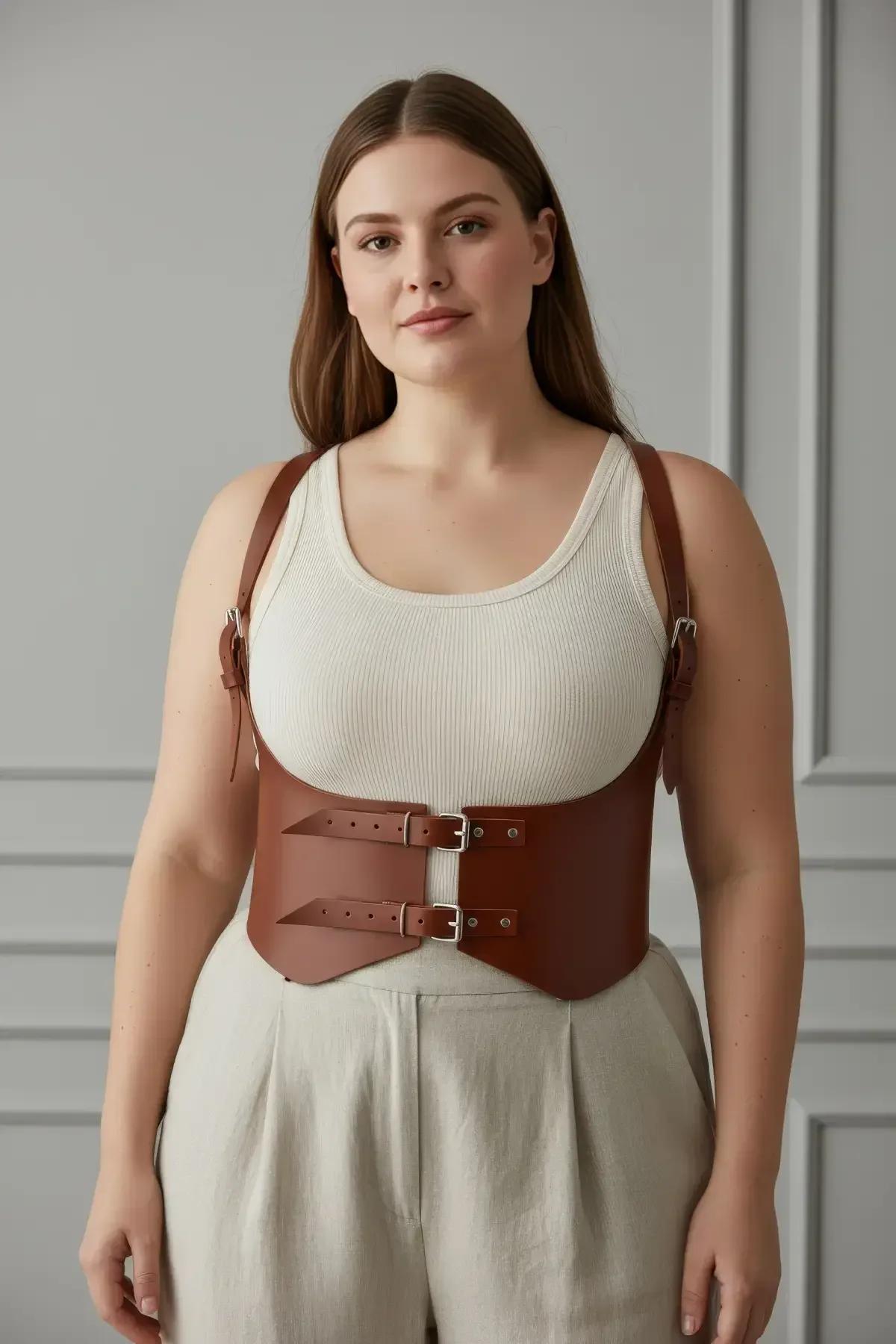 adjustable shoulder strap detail on tan faux leather underbust corset harness belt with gold slider hardware