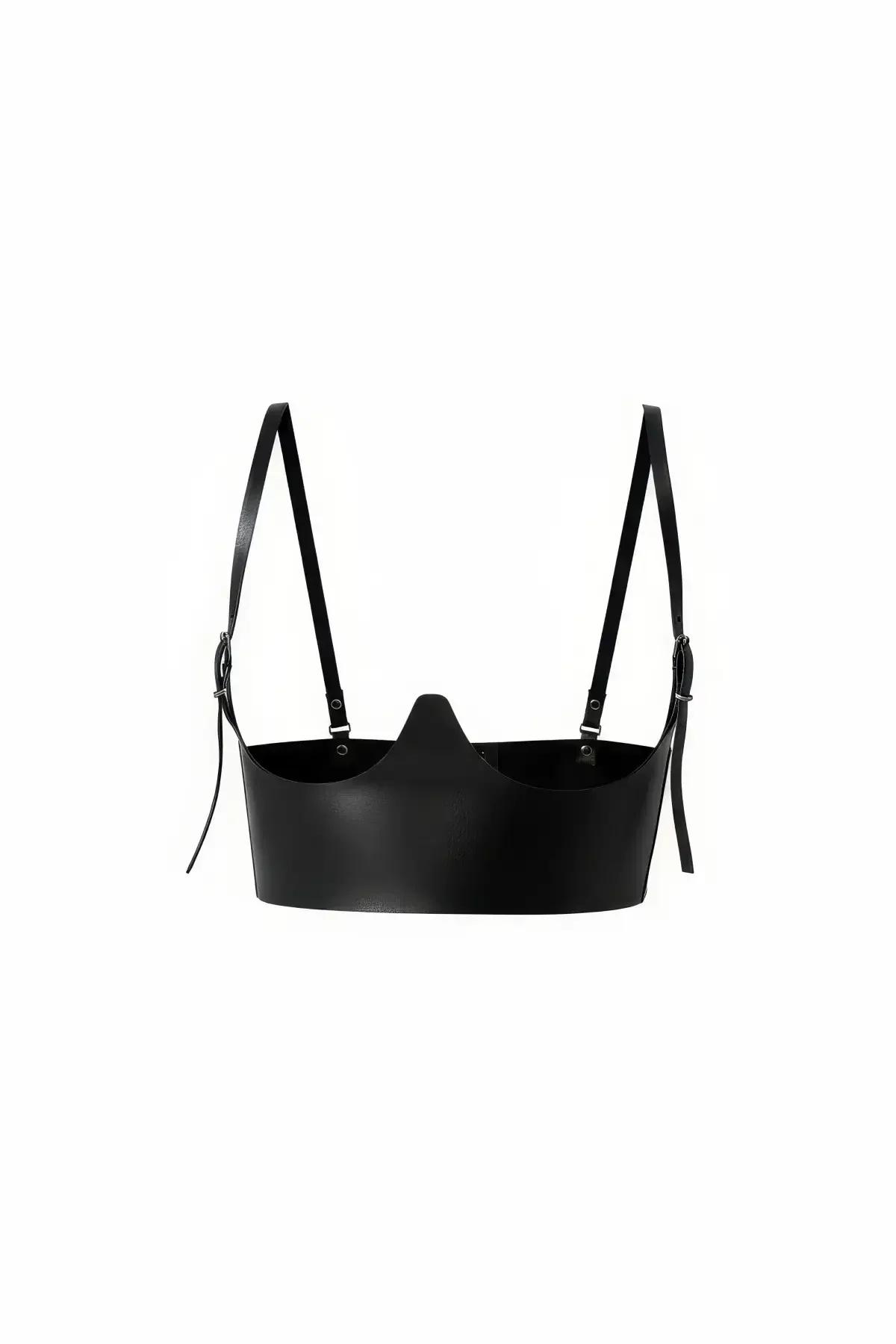 black faux leather underbust harness top with structured V-neckline cutout and silver-tone adjustable shoulder straps