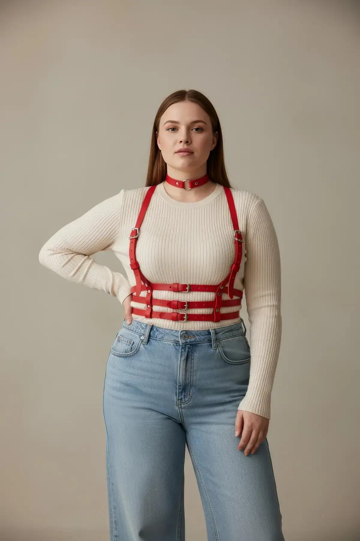 front view of red PU leather underbust harness showing three parallel adjustable buckled waist bands